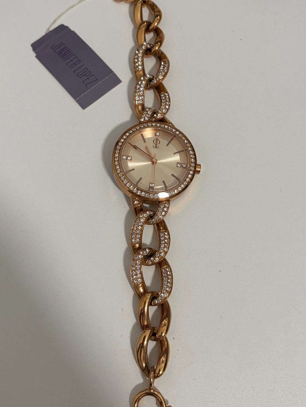 Jennifer Lopez Rose Gold Crystal Chain-Link Bracelet Watch